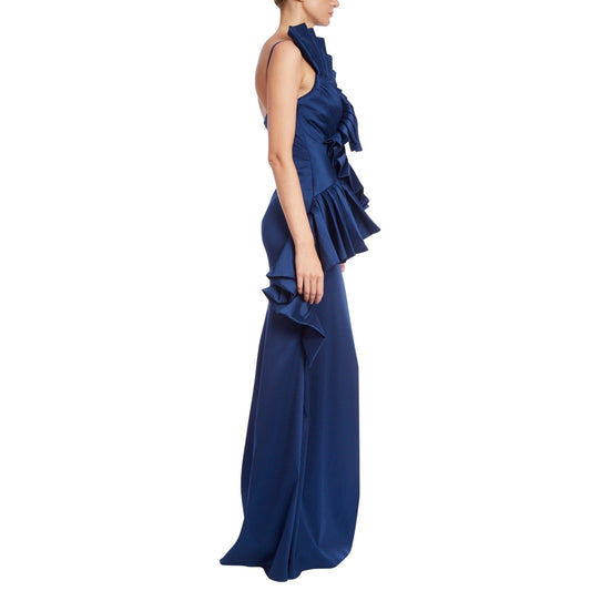 Badgley Mischka Blue Sculptural Swirl Maxi Evening Dress Ruffle Accent