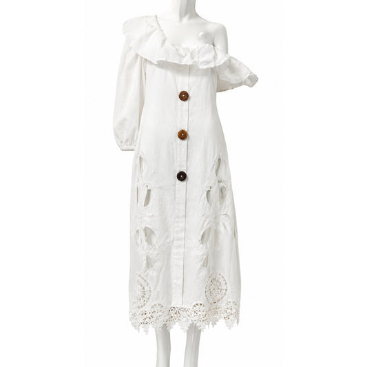 Myriam Annoyave A. Cotton Linen Embroidered Cutout Off One Shoulder Midi Dress