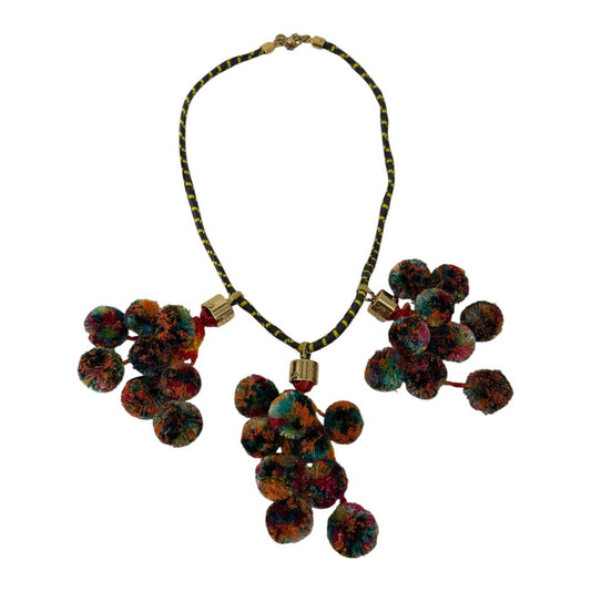 Tory Burch Multicolor Pom Pom Collar Statement Necklace Gold Ton