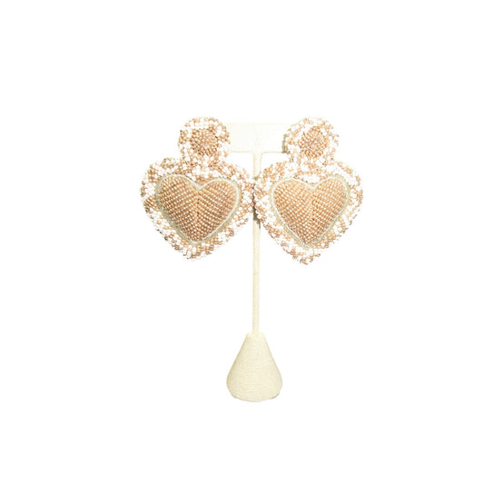 Olivia Dar Alghero Heart Earrings Beaded Gold Ivory Statement