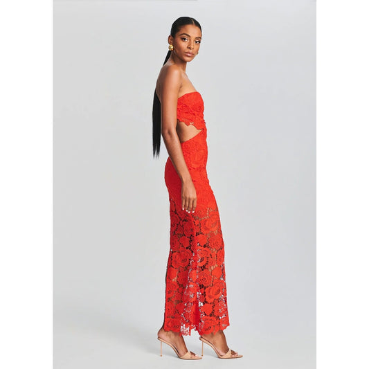 Retrofête Eliza Strapless Floral Lace Bodycon Maxi Dress in Orange, Women’s Size S