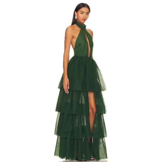 Lovers and Friends Justine Forest Green Tiered Tulle Maxi Dress