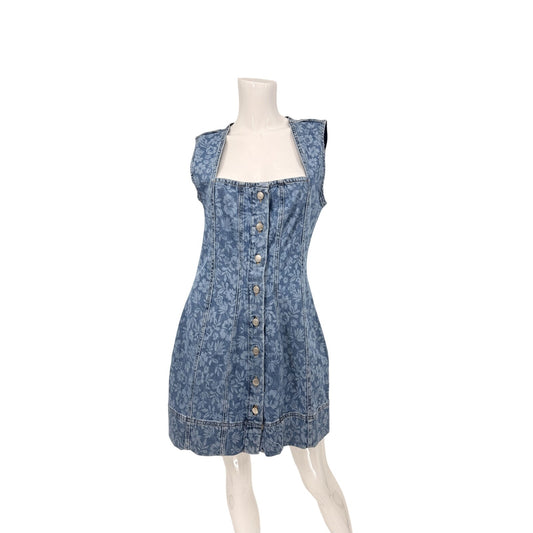 Good American Cotton Blend Denim Floral Sleeveless Mini Dress