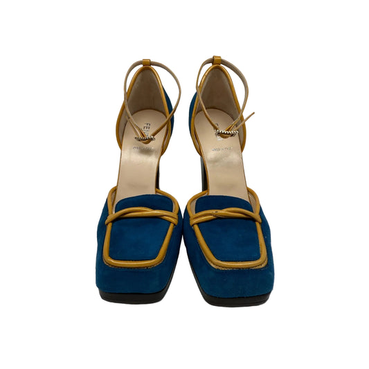 Fendi Suede Leather Trim Square Toe Block Heels Pumps