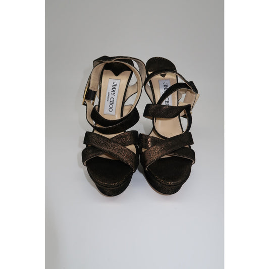Jimmy Choo Louisa Metallic Gold Peep Toe Strappy Platform Heel Sandals Size 36.5