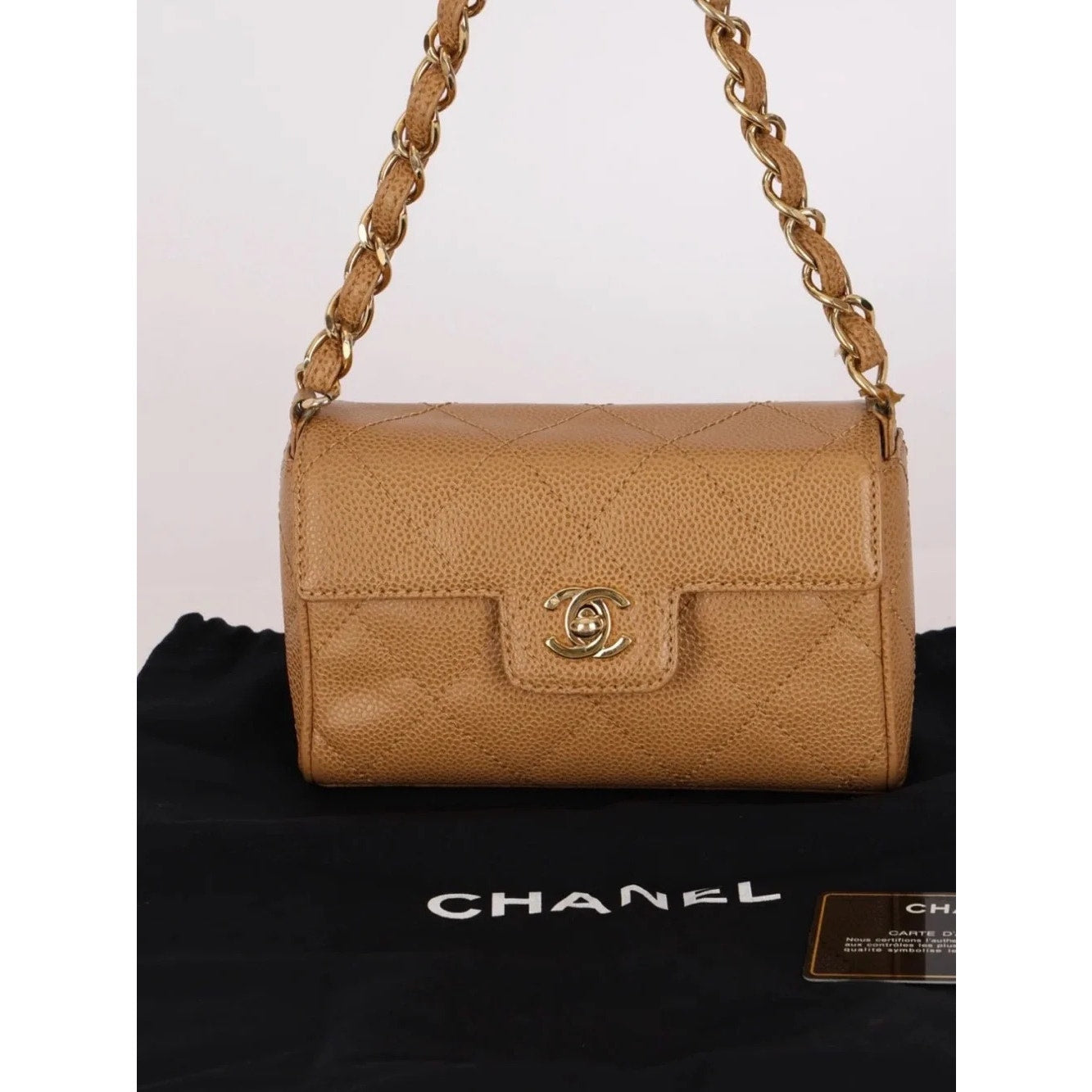 Rare CHANEL Quilted Caviar Shoulder Bag in Tan with 24k Gold Hardware