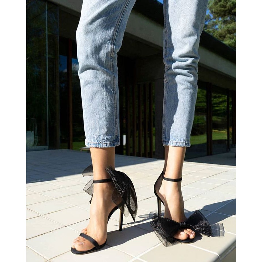 Jimmy Choo Suede Aveline Mesh Bow Accent Heeled Sandals