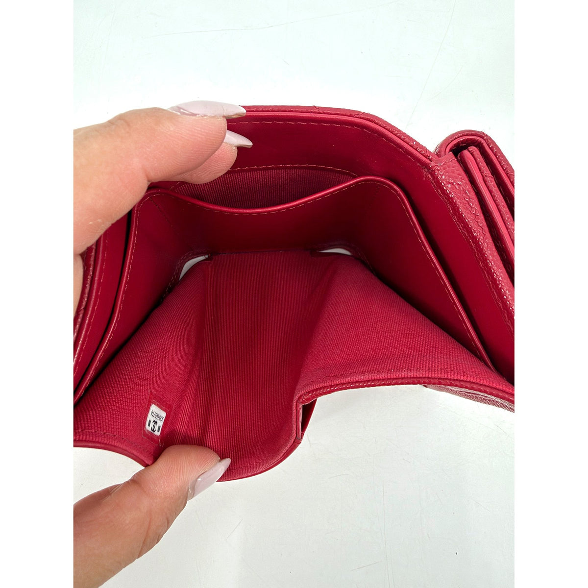 Chanel Red Caviar Quilted Compact Flap Wallet Crystal CC Gold Hardware