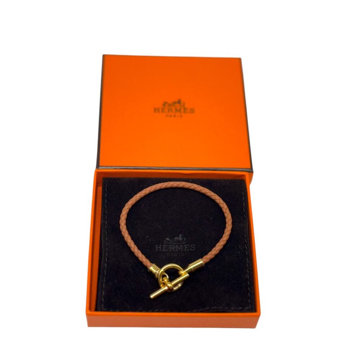 Hermès Leather Braided Gold Plated Glenan Bracelet Brown Size T2