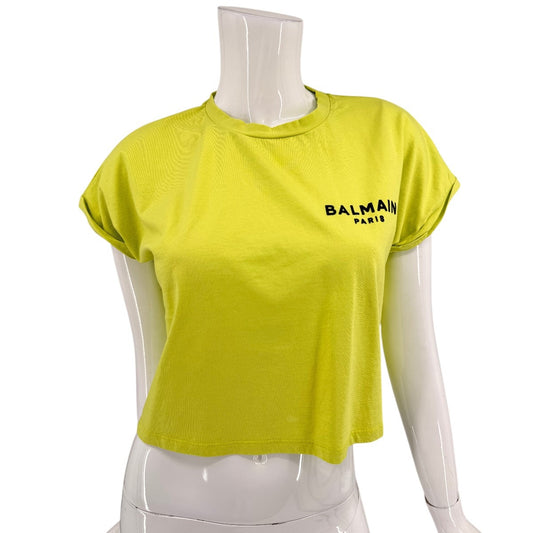 Balmain Cotton Cropped Short Sleeve T Shirt Neon Yellow Women's Size XS