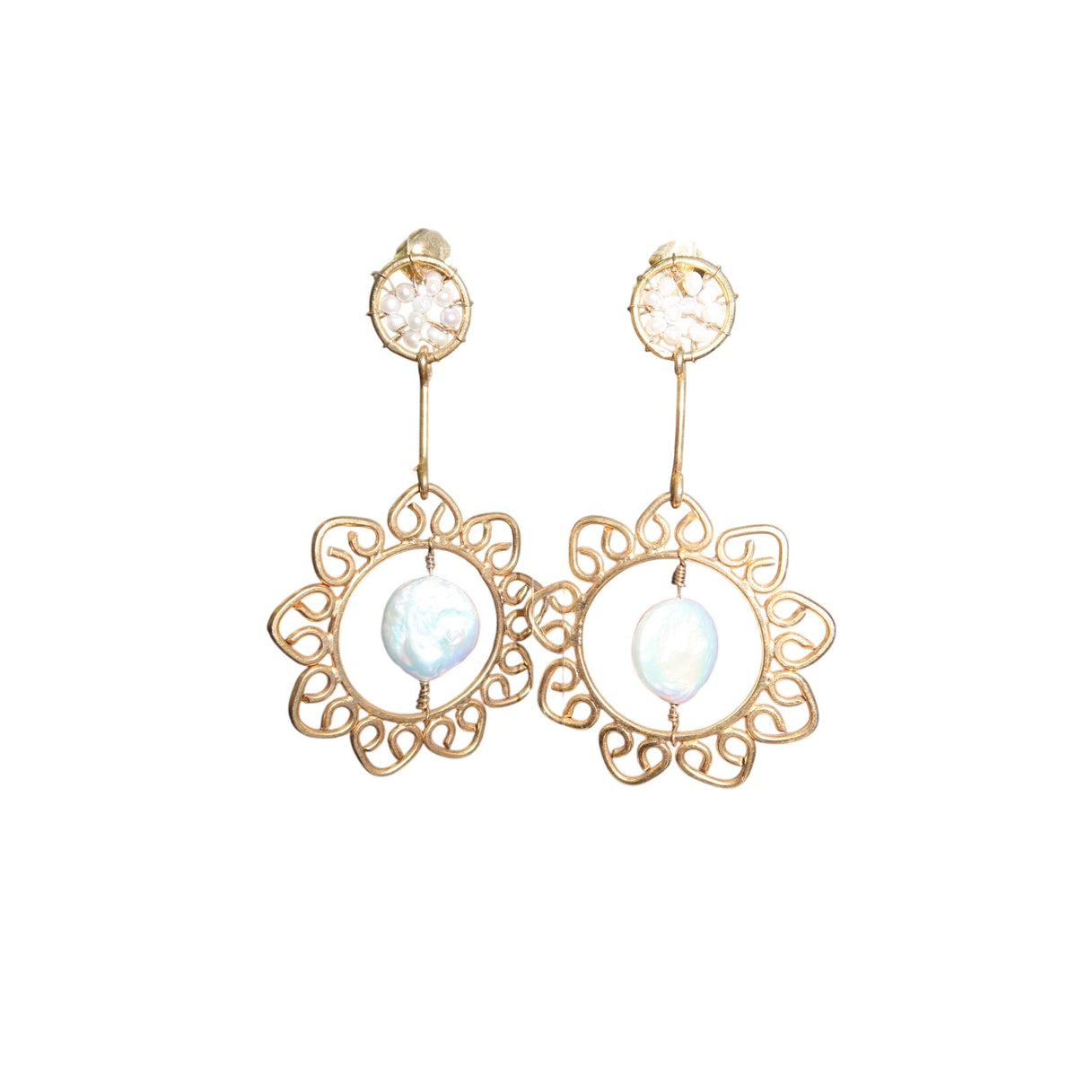 24K Gold Filled Pearl Flower Drop Earrings Handmade Lightweight