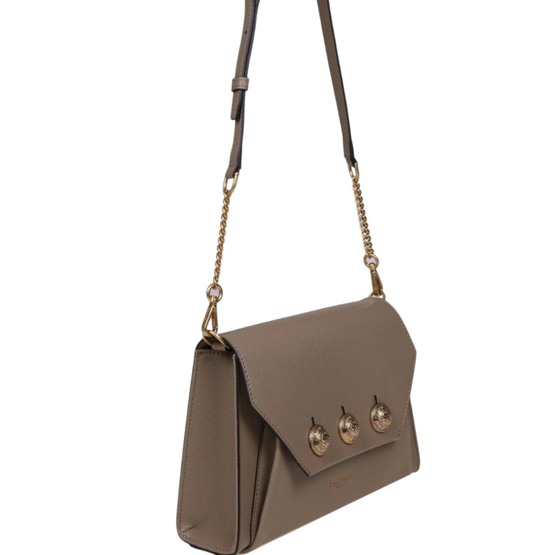 Balmain Emblème Calfskin Leather Shoulder Bag Taupe Brown