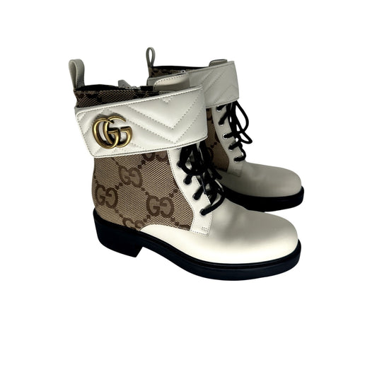 Gucci Leather GG Canvas Logo Plaque Ankle Combat Boots