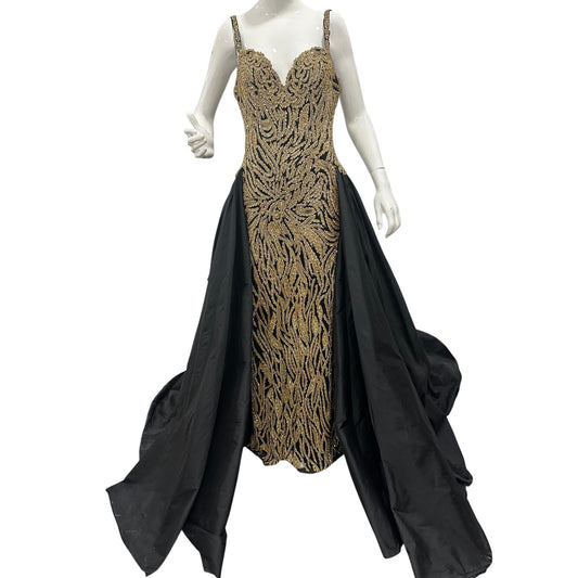 NWT Sherri Hill Black Gold Beaded Fitted Ball Gown Overskirt Formal Dress