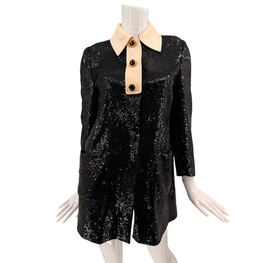 Miu Miu Sequined Collared Long Sleeve Mini Dress Black