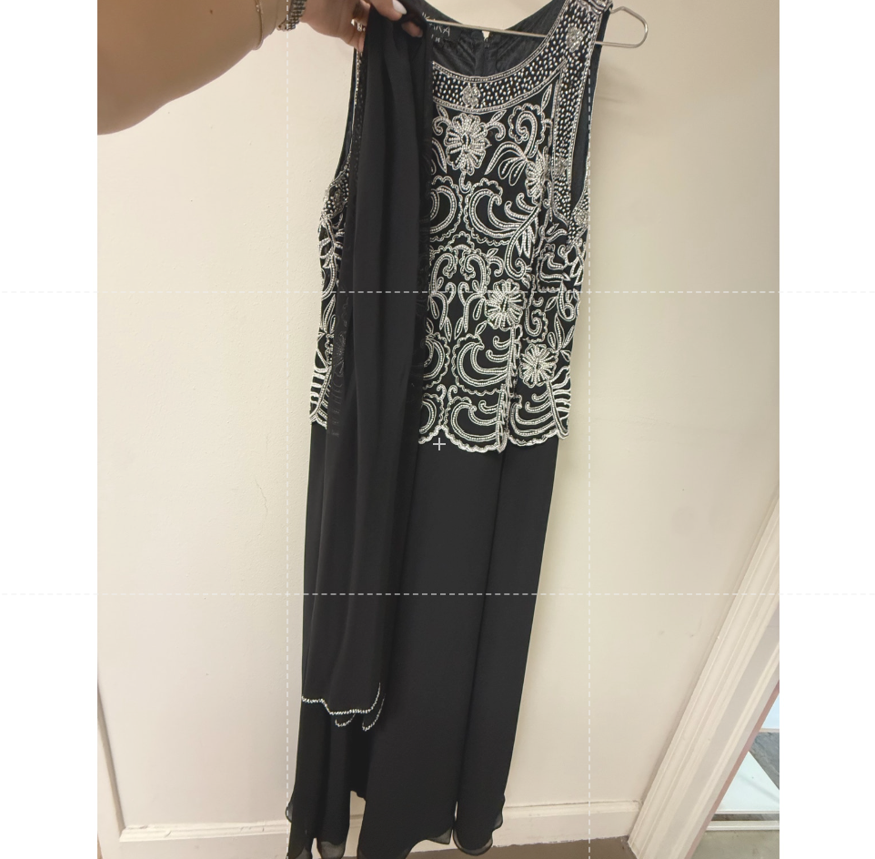 J Kara Scallop Beaded Sleeveless A-Line Maxi Dress w/ Sheer Scarf Black Size 14