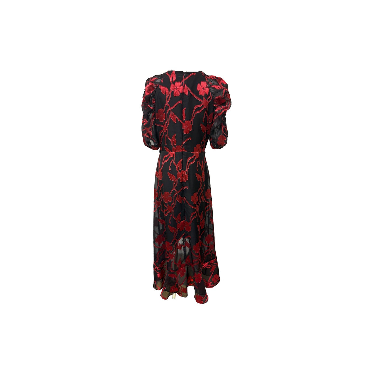 Kensie Floral Chiffon V-Neck Puff Sleeve A-line Midi Dress Red Black Size 10