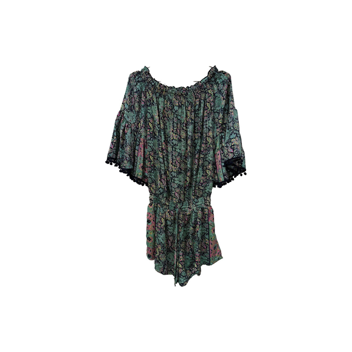 Anthropologie Raga Kassie Pom Pom Off The Shoulder Romper Blue Floral Size XS