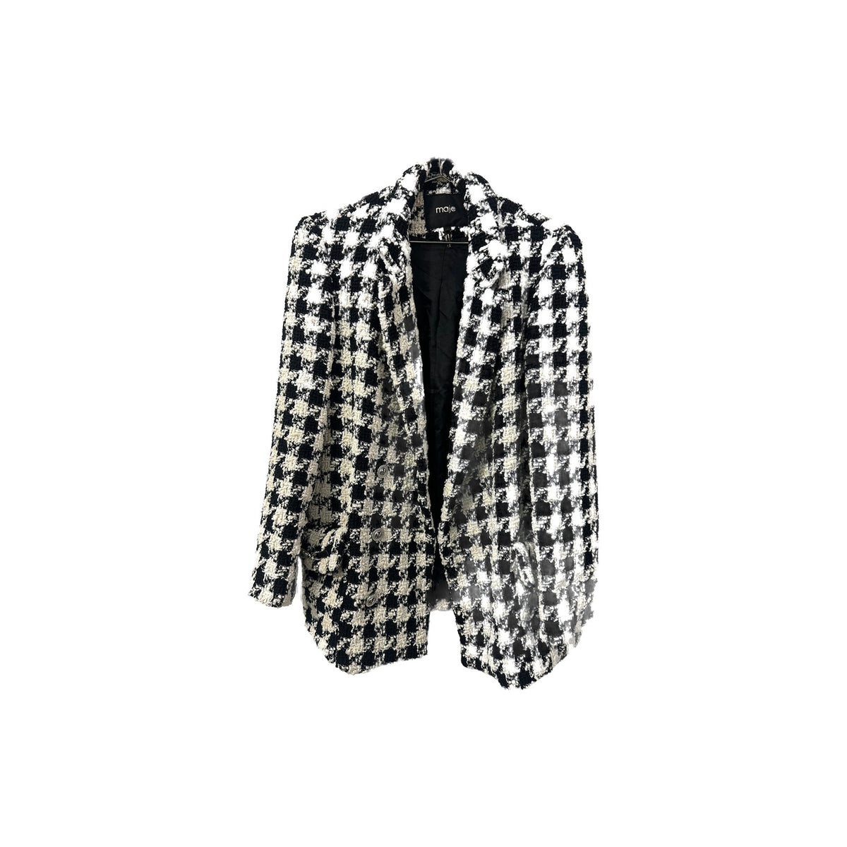 Maje Wool Blend Houndstooth Double-Breasted Jacket Black White Size 36