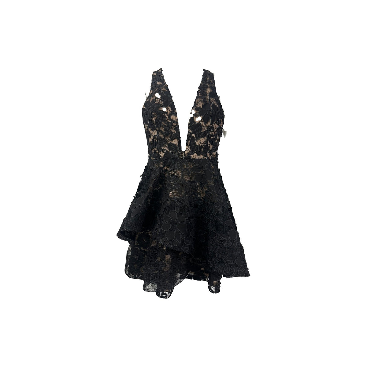 Edite Mode Elegant Floral Lace Layered Ruffle Mini Dress Black Women's Size M