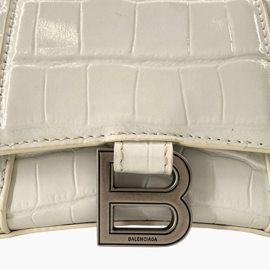Balenciaga Hourglass Croc Embossed Leather Top Handle Bag White