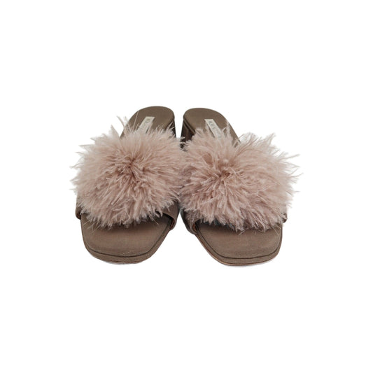 Aquazzura Brown Fabric Slide Sandals with Fur Trim