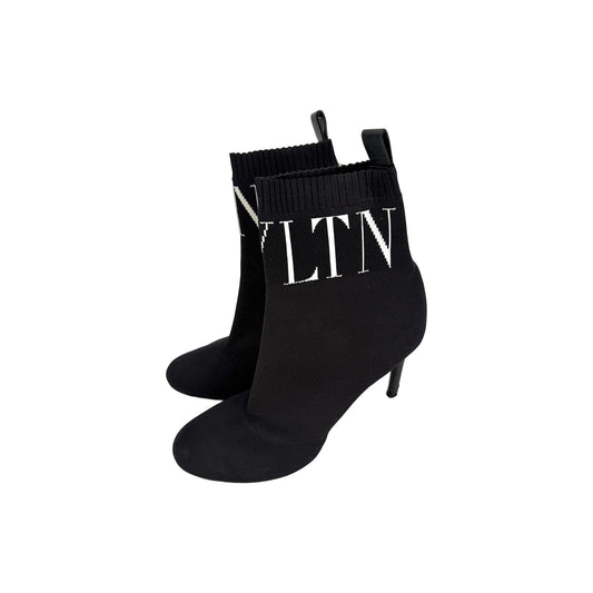 Valentino Garavani VLTN Knit Sock Ankle Boots Rockstud Black White 37