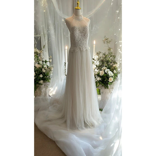 Donatela by Rosa Clará Off White Sheer Lace Bodice Wedding Dress Gown Size 12