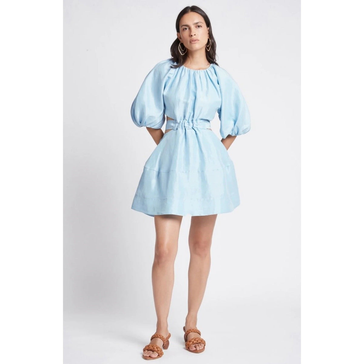AJE Psychedelia Light Blue Puff Sleeve Cut-Out Pleated A-Line Mini Dress Size 8