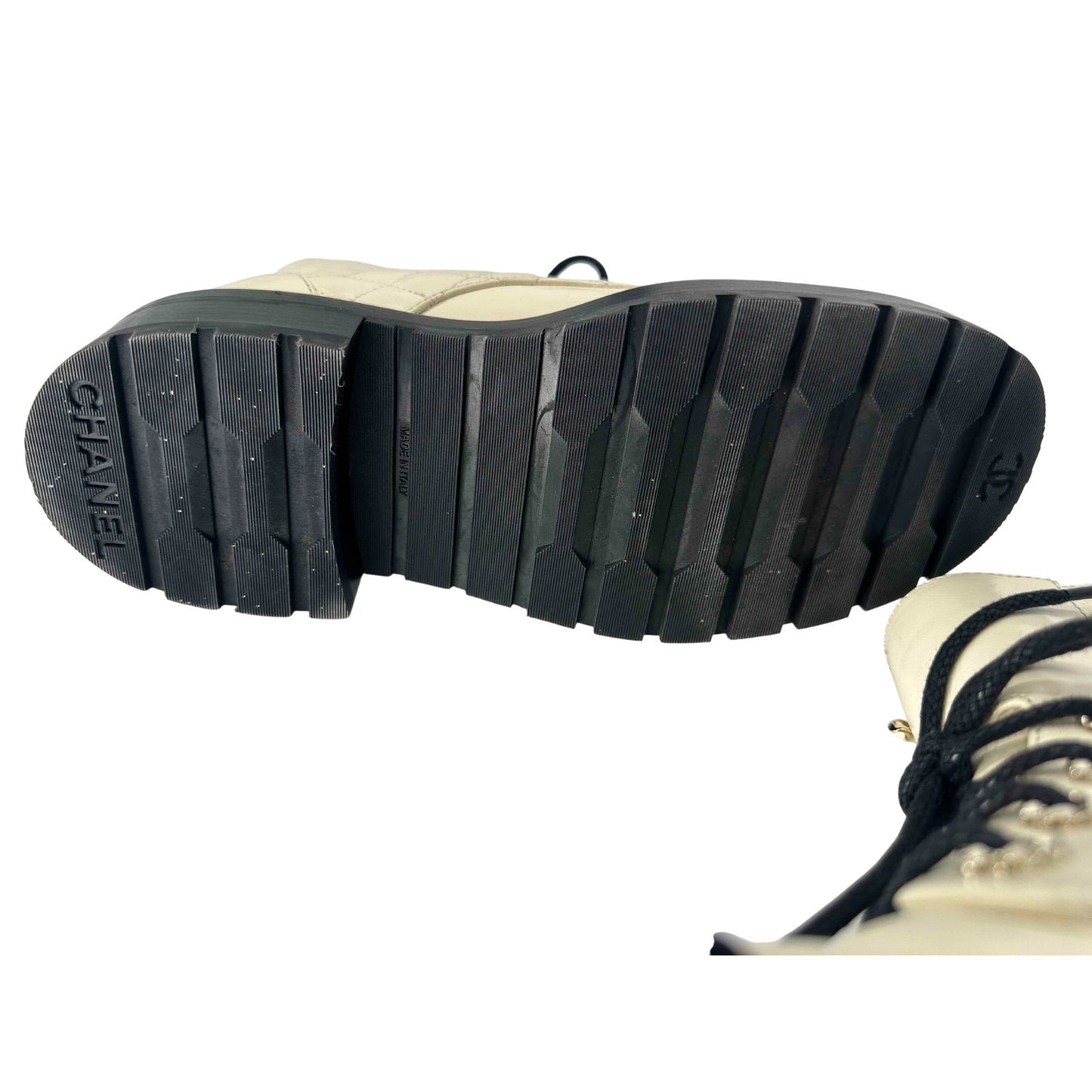 Chanel Leather Quilted CC Logo Lace Up Combat Boots