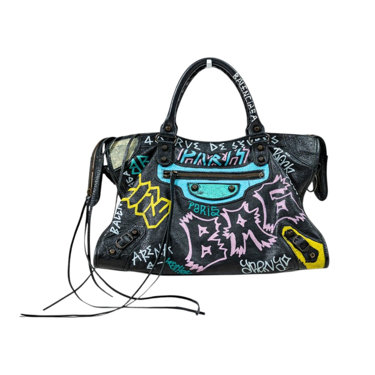 Balenciaga Leather Classic Graffiti All Over Accent City Large Bag Black
