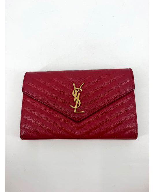 Saint Laurent YSL Matelasse Chevron Red Leather Chain Wallet