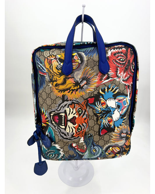 Gucci GG Supreme Tiger Print Backpack Multicolor Blue Trim