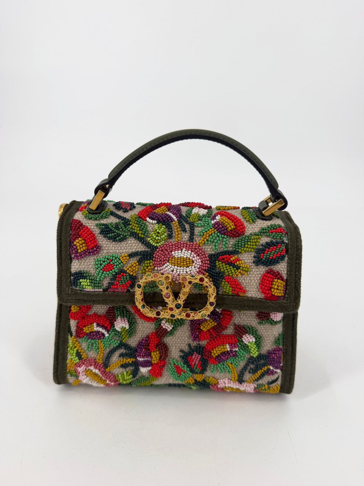 Valentino Garavani Mini VSling Floral Beaded Top Handle Bag Olive VLogo Jewel NEW