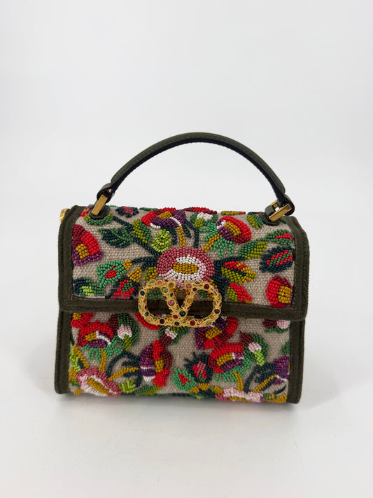 Valentino Garavani Mini VSling Floral Beaded Top Handle Bag Olive VLogo Jewel NEW