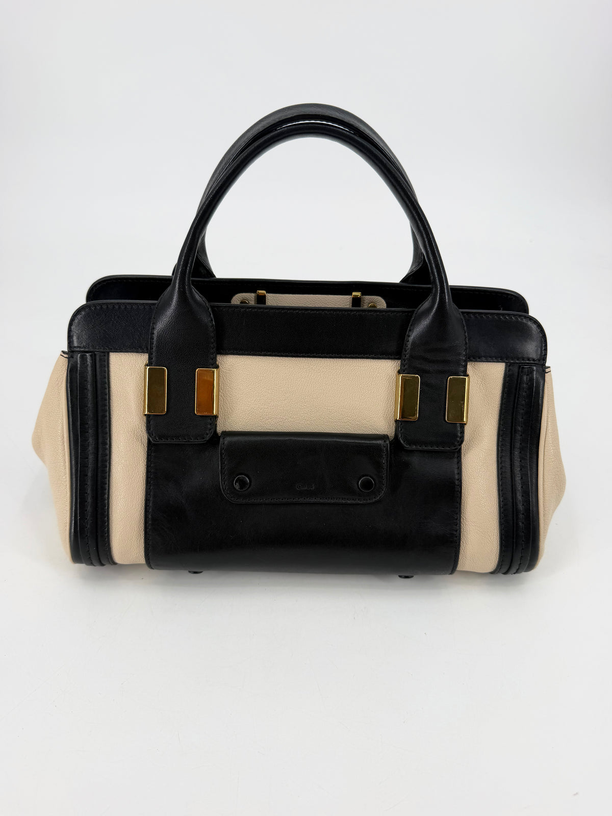 Chloe Alice Satchel Black Off-White Pebbled Leather Gold