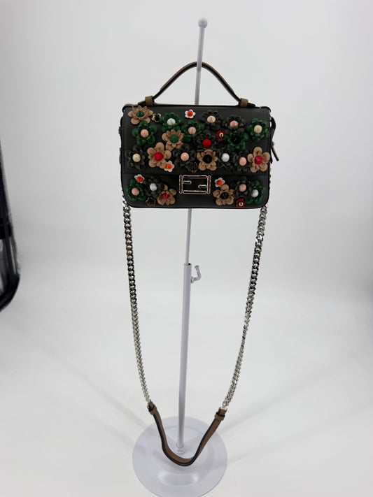 Fendi Baguette Flowerland Embellished Floral Studded Bag Black