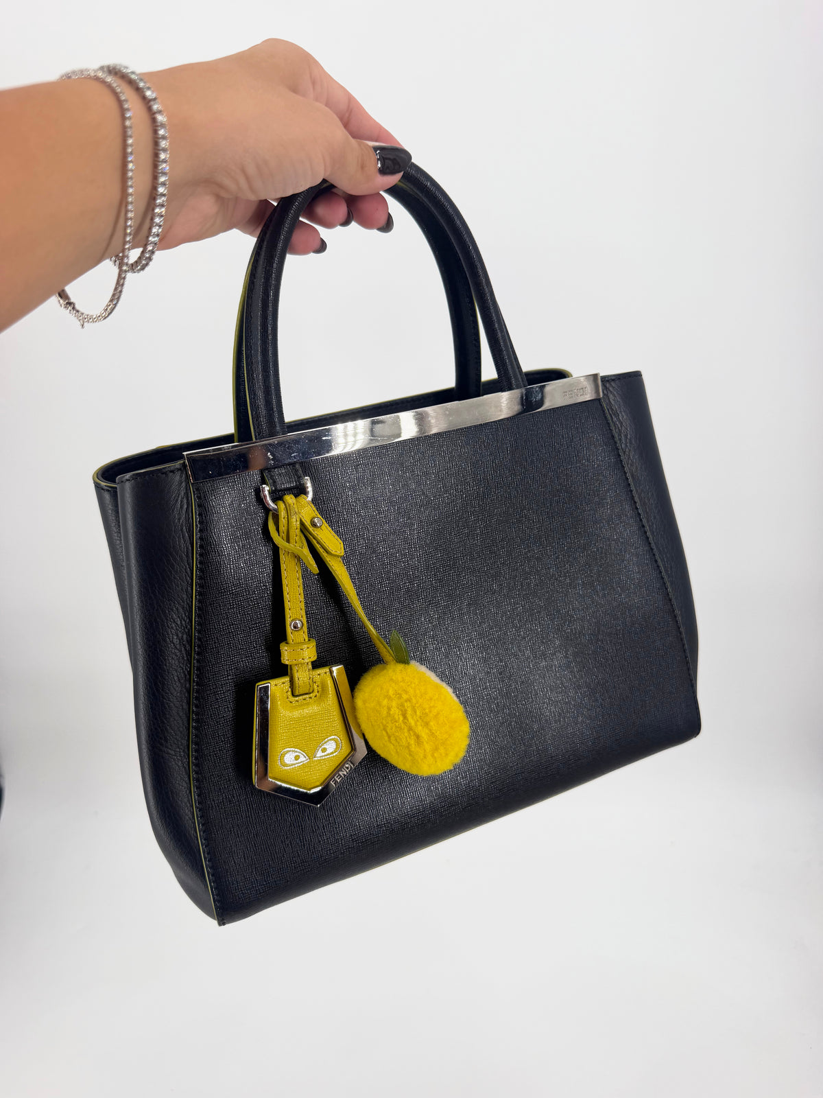 Fendi 2Jours Petite Black Leather Tote Yellow Edge Pom Charm