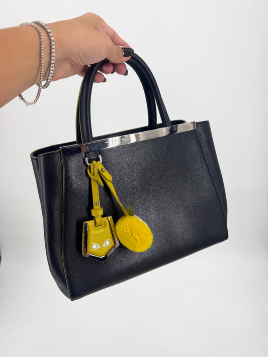 Fendi 2Jours Petite Black Leather Tote Yellow Edge Pom Charm