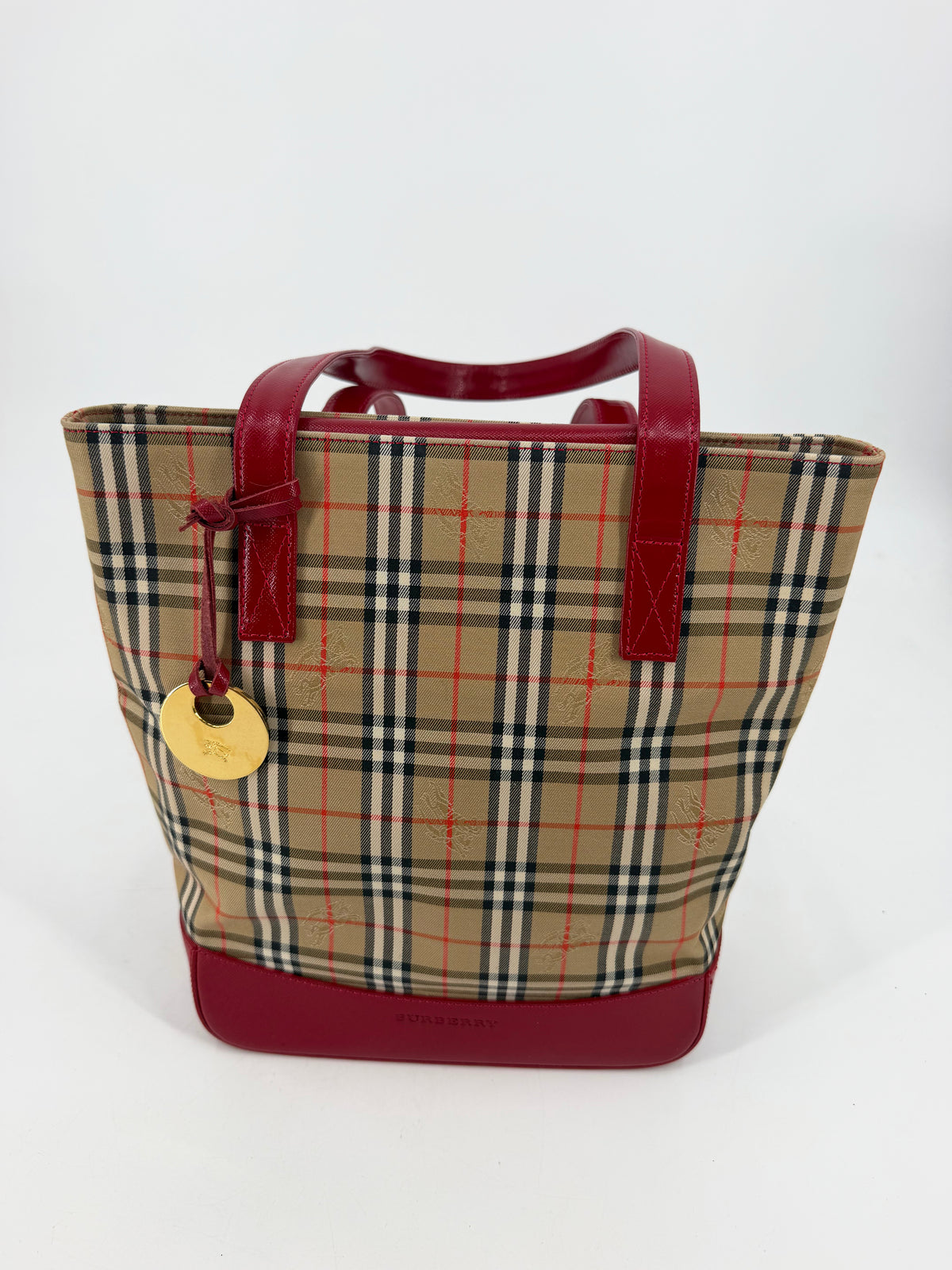 Burberry Nova Check Canvas Red Leather Tote Bag