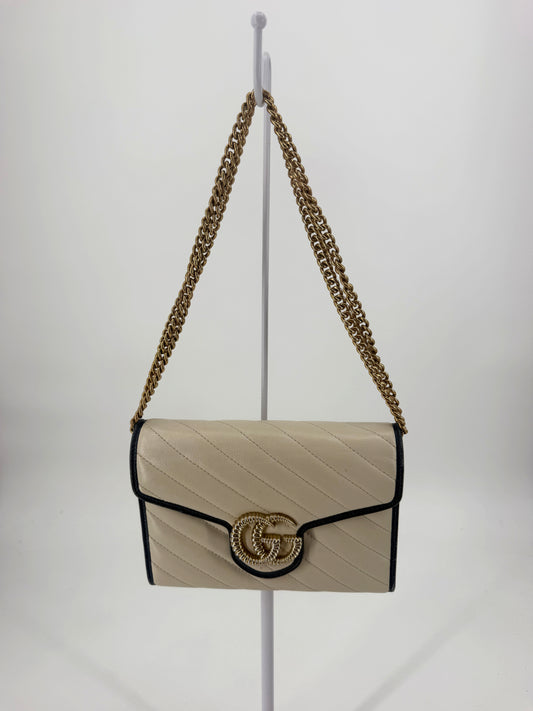 Gucci GG Marmont Torchon White Leather Flap Wallet Navy Trim