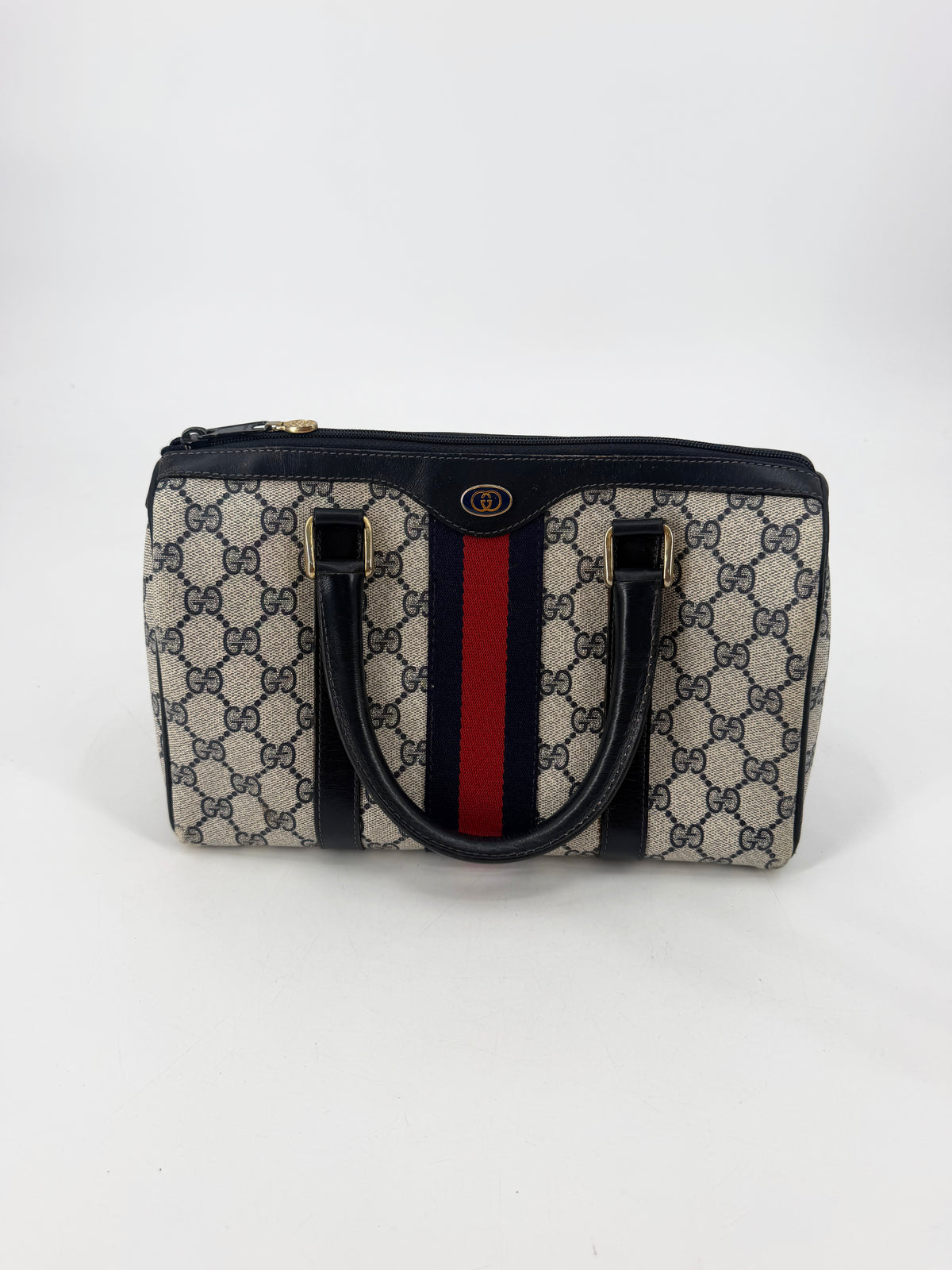 Gucci Vintage GG Supreme Web Stripe Boston Bag Navy Blue Red