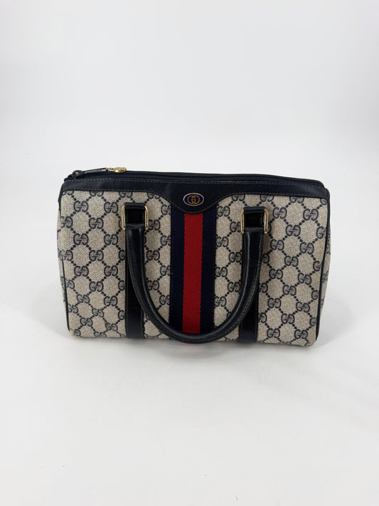 Gucci Vintage GG Supreme Web Stripe Boston Bag Navy Blue Red