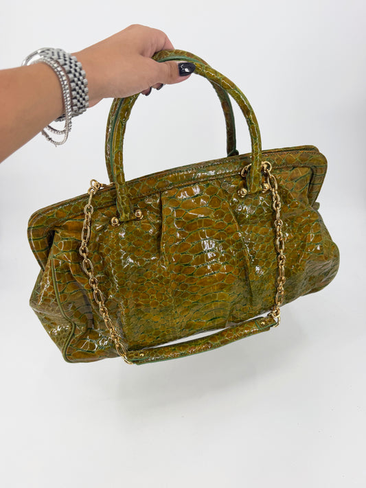 MCM Patent Croc Embossed Leather Top Handle Satchel Olive Green Gold Chain