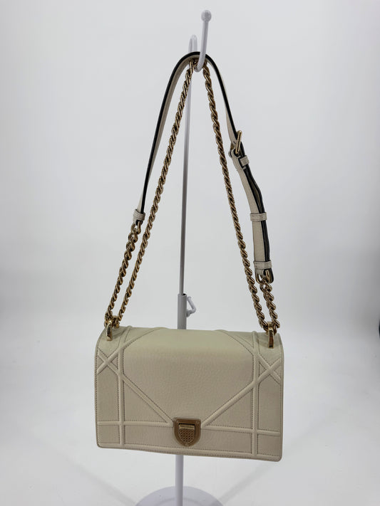 Christian Dior Diorama Medium White Grained Calfskin Chain Flap Bag Gold HW