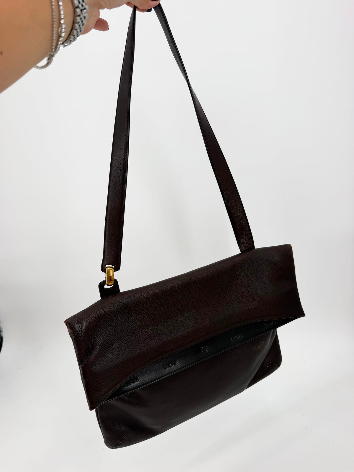 Loewe Vintage Dark Brown Leather Fold-Over Shoulder Bag Gold Plaque