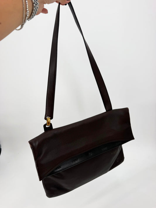 Loewe Vintage Dark Brown Leather Fold-Over Shoulder Bag Gold Plaque
