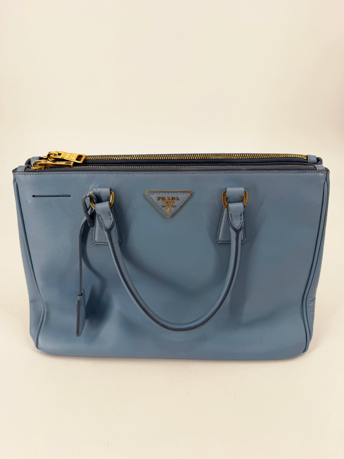 Prada Galleria Saffiano Lux Medium Double Zip Tote Periwinkle Blue Gold Hardware