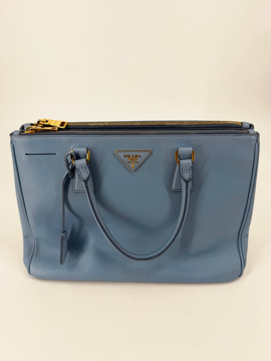 Prada Galleria Saffiano Lux Medium Double Zip Tote Periwinkle Blue Gold Hardware