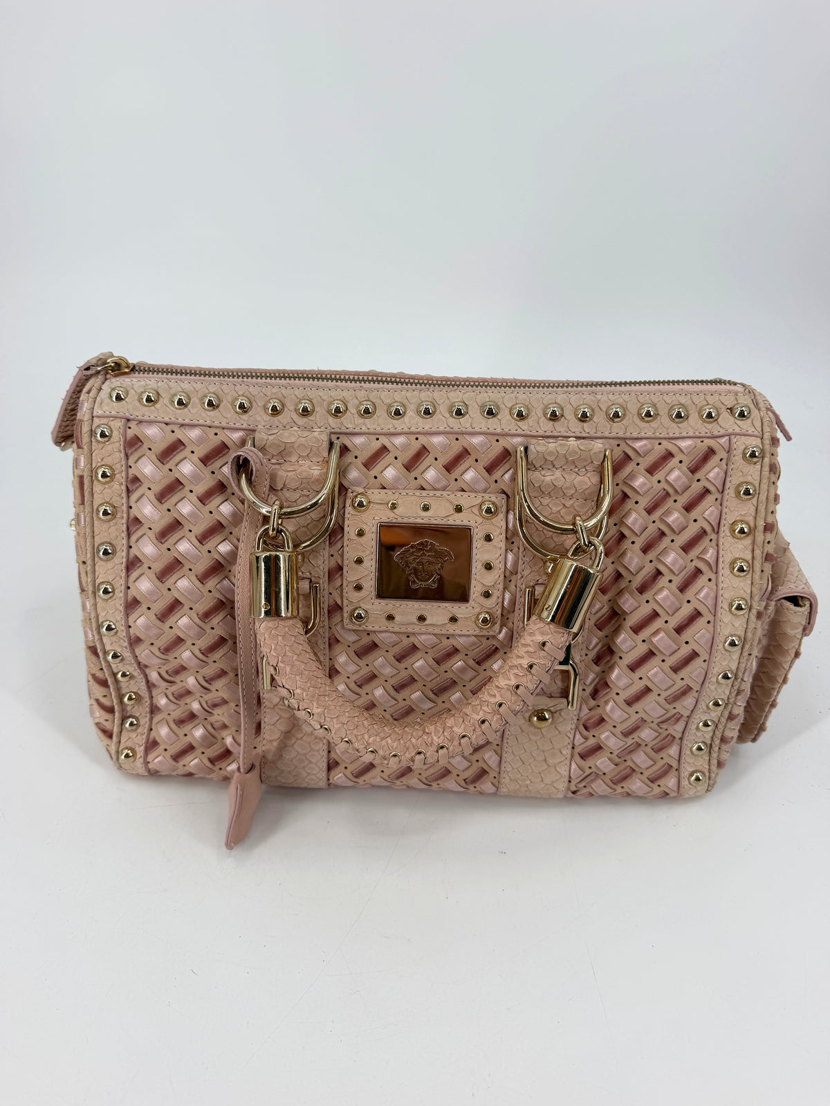 Versace Pink Woven Leather Studded Boston Satchel Python-Effect Trim Gold Logo Plaque